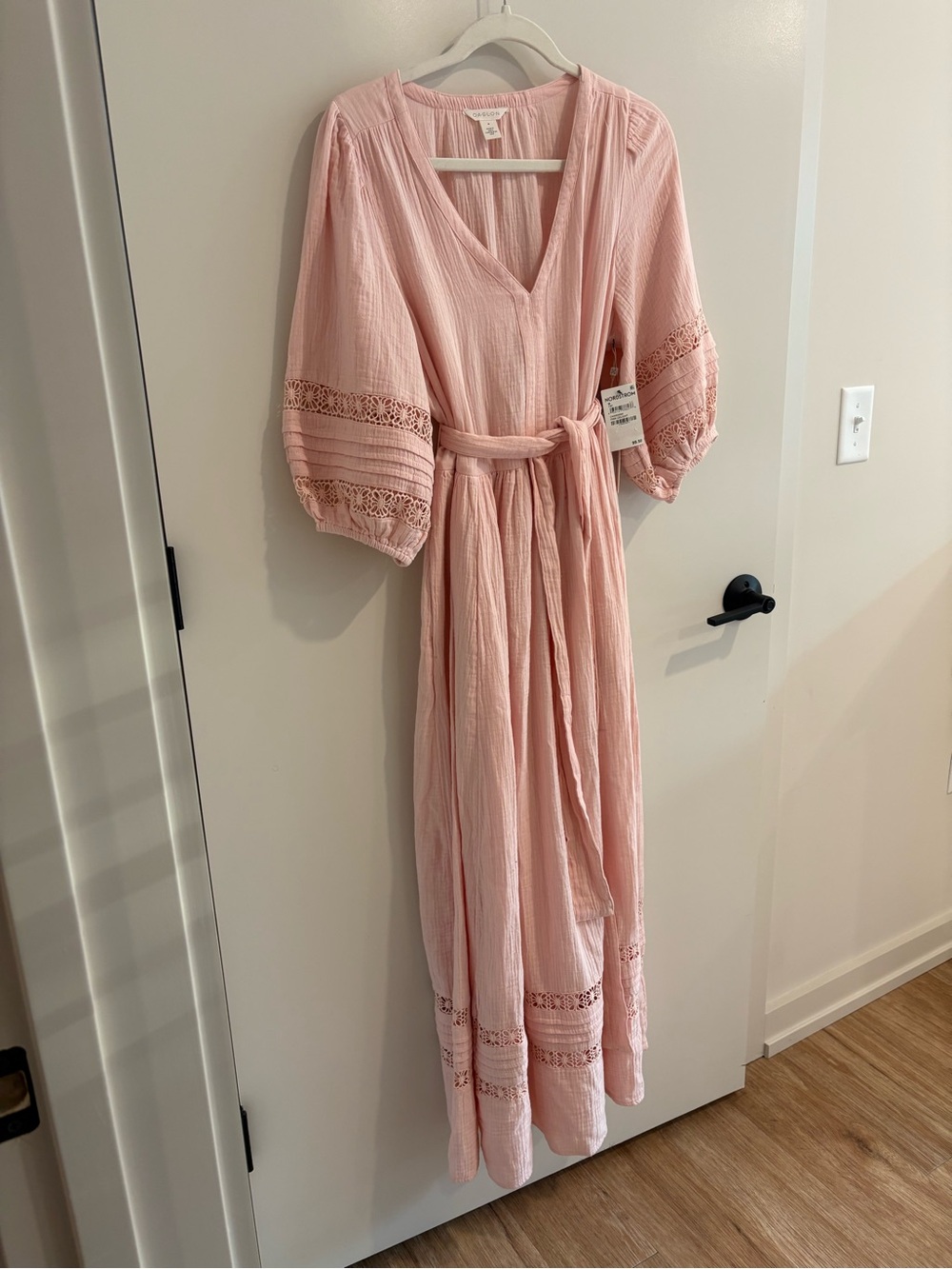 NWT Blush Pink Maxi Dress Puff Sleeve Boho Cottagecore Peasant Crochet Tie Waist - Picture 2 of 14